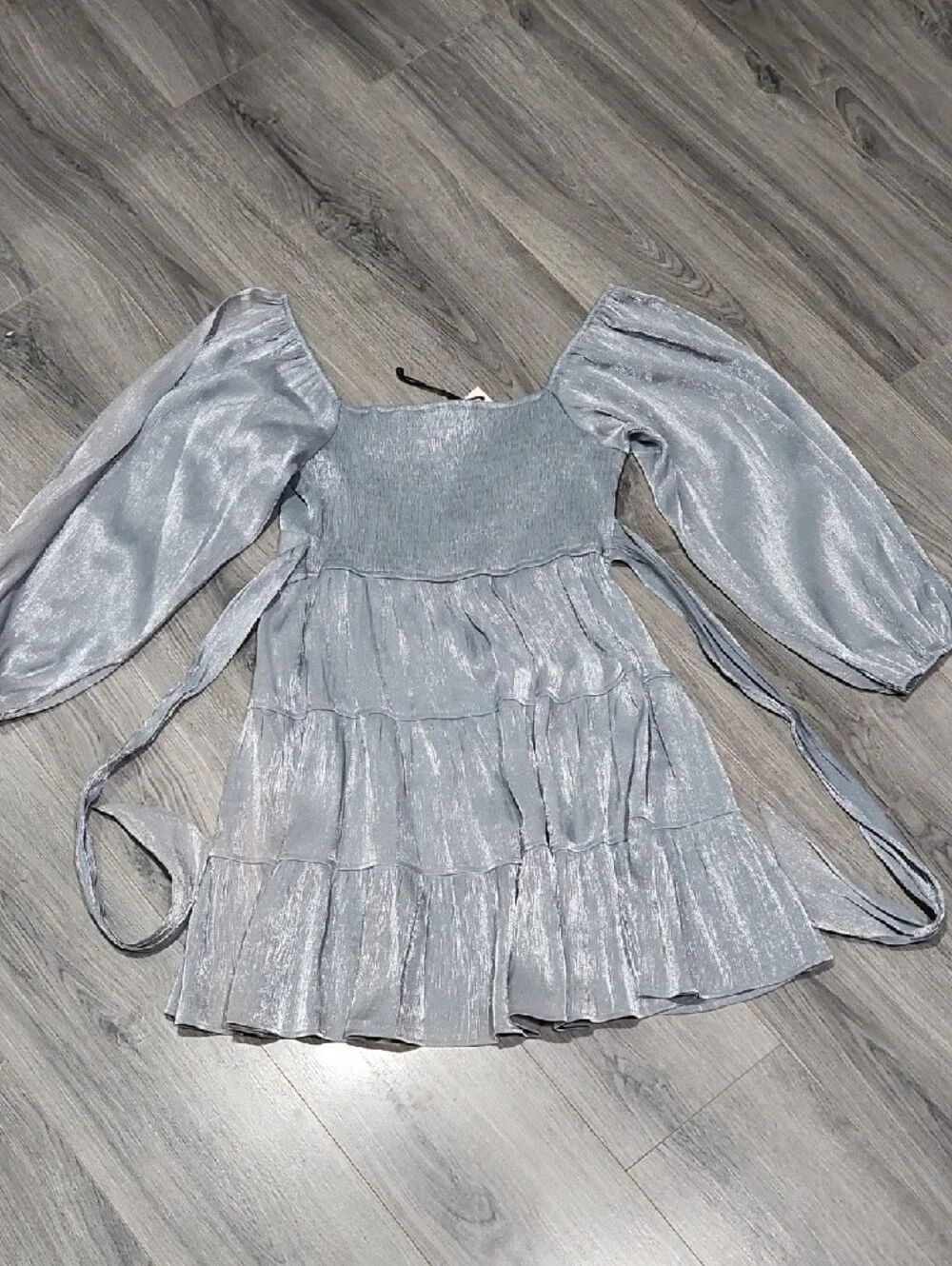 NWT Pinch Metallic Silver Shimmer Tiered Long-Sleeve Mini Dress - Picture 5 of 6